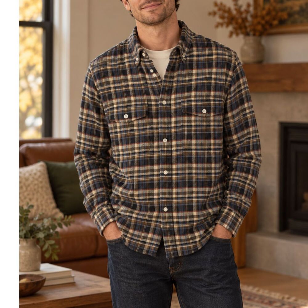 Everlane Mens Flannel Shirt XS Plaid Brushed Cotton Shacket Pockets Brown